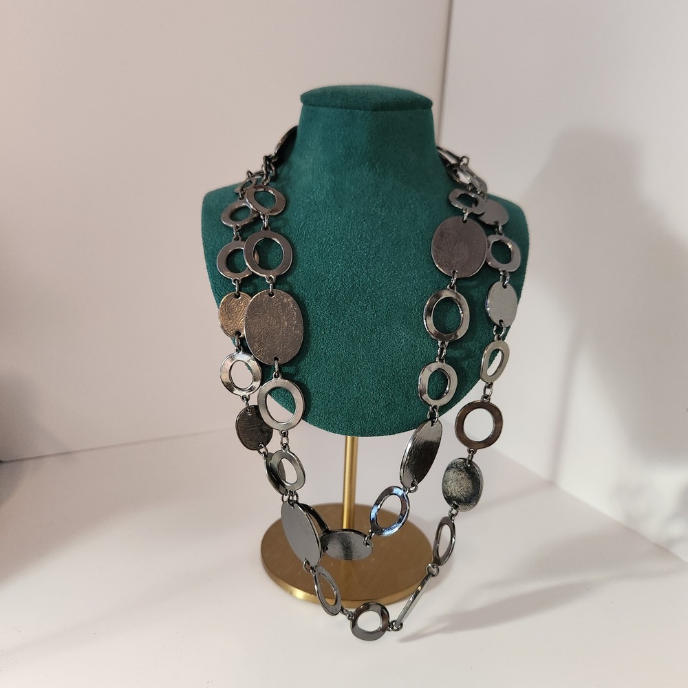 Chicos Gunmetal Geometric Circle Oval Disc Long Layering Statement Necklace‎